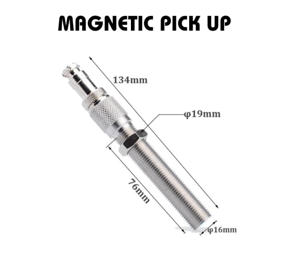 Magnetic pick up tool with dimensions labeled: total length 134mm, threaded section length 76mm, diameter 19mm, and threaded section diameter 16mm